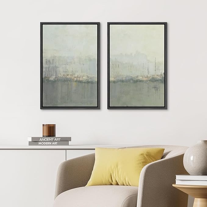 IDEA4WALL Framed Canvas Print Wall Art Set Abstract Skyline Cityscape Art in Muted Gray and Soft Blue Tones Illustrations Modern Art Decorative Coastal Cottage Seascape for Bedroom - 16"x24"x2 Black
