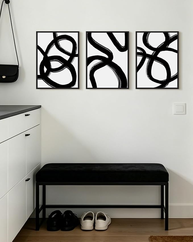 KUVIOKE Black and Gray Abstract Framed Wall Art Ink Wash Minimalist Lines Painting Artwork for Bedroom Hallway 12x16in (Black Framed)