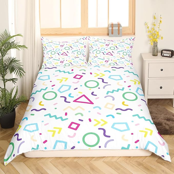Memphis Duvet Cover Set Twin Size, Colorful Geometric Vintage Bedding Set for Kids Boy Girls, Retro 80s or 90s Fashion Style Comforter Cover Soft Polyester Quilt Cover with 1 Pillowcase,No Comforter