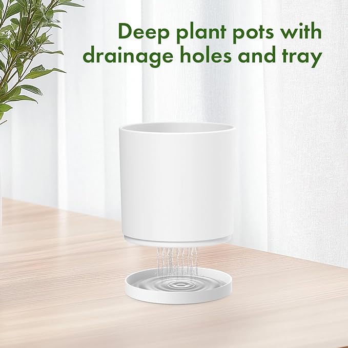 Meowell 12/10/8 inch Large Plant Pots, 3 Pack Deep Cylinder Flower Pots for Outdoor Indoor Plants, Tall Plastic Planters with Drainage Holes and Saucers for Garden House Plants, White