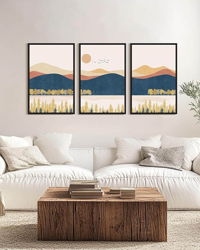 KUVIOKE Bohemain Mountain Landscape Framed Canvas Wall Art Watercolor Nature Artwork Painting Boho Farmhouse Rustic Room Decor for Bedroom Living Room 24x36in (Black Framed)