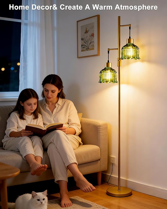 2-Light Modern Glass Floor Lamp, Gold Tall Standing Lamp with Green Flower Glass Shade for Reading, Dimmable LED Floor Lamp with 5Lbs Heavy Base for Living Room Bedroom Home Decor, Bulb Included