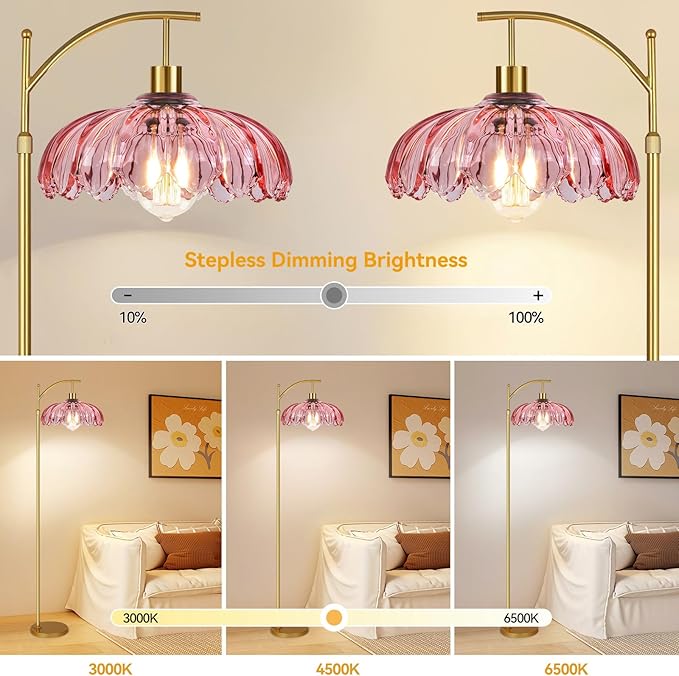 ILLMTW Floor Lamp for Living Room,Bedroom,Gold Dimmable Standing Lamp with Remote,Mid Century Modern Brass Tall Lamp Retro Vintage Pink Glass Lamp Floor Light Boho Bohemian