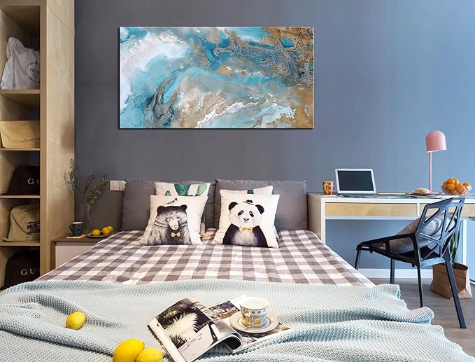 weiyiart Blue Abstract Canvas Wall Art for Living Room, Navy and Gold Fluid Marble Picture Prints, Modern Painting Artwork for Bedroom, Bathroom, Office, Home Decor 20x40 Inch
