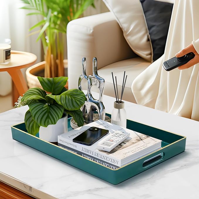 MAONAME Teal Serving Tray with Handles, Modern Decorative Tray for Coffee Table, Plastic Rectangular Trays for Ottoman, Bathroom, Decor, 15.8” x 10.2” x 1.4"