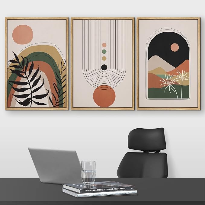 wall26 Framed Canvas Print Wall Art Set Boho Mid-Century Geometric Desert Plant Landscape Nature Abstract Illustrations Modern Bohemian Decorative for Living Room, Bedroom, Office - 16"x24"x3 Natural