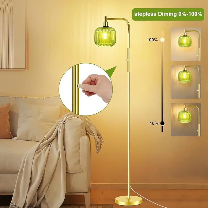 Vinaco Glass Arc Floor Lamps for Living Room, Brused Gold Floor Lamp with Ribbed Glass Shade, Dimmable Tall Lamps with Rotary Switch, Modern Standing Lamp with Bulb Included for Bedroom, Study Room