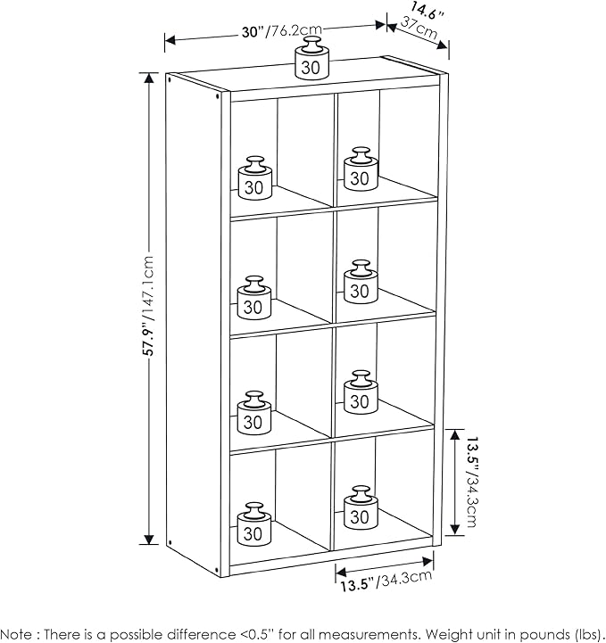 Furinno CUBICLE Book Shelf, 8-Cube Bookshelf, Extra Thick Frame Horizontally & Vertically Reversible Bookcase with Open Back, 14.6" x 30" x 58", for Living Room, Bedroom, Home Office, Black Dark Oak