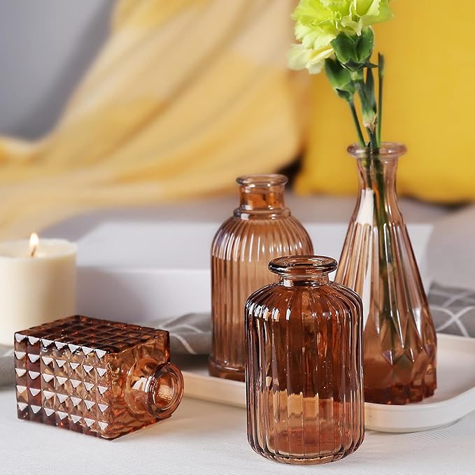 Amber Glass Bud Vases -Set of 20 for Flowers, Small Amber Bud Vases in Bulk for Centerpieces Decor, Mini Glass Set for Home Table Decorations