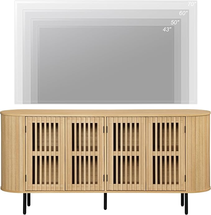 WAMPAT 66" Fluted Sideboard Buffet Cabinet,Wood Storage Cabinet with 4 Doors,Mid Century Modern Credenza for Dining Room, Living Room, Kitchen,Oak