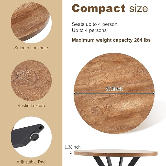 37" Round Dining Table Set for 4, Mid Century Modern Small Coffee Set for Dining Room Kitchen Apartment (Walnut Table + 4 PU Leather Dark Grey Chairs)