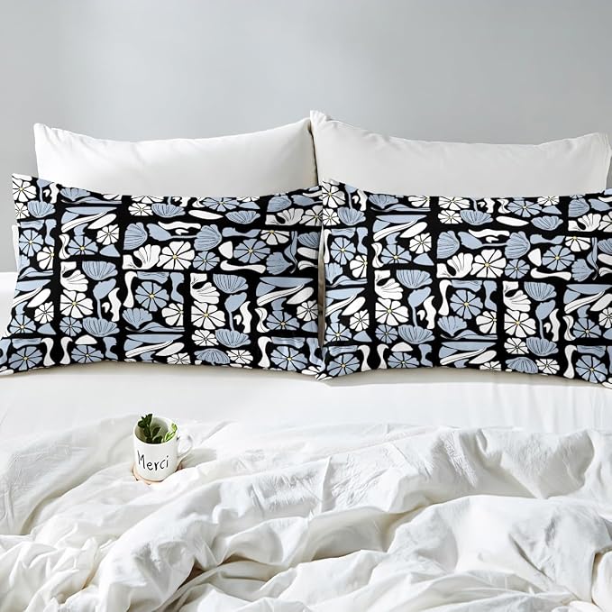Erosebridal Vintage Abstract Boho Toddler Bedding Set Mid Century Retro Plants Floral Duvet Cover White Black Blue Geometric Patchwork Comforter Cover For Kids Adults,Modern Abstract Aesthetic Bed Set