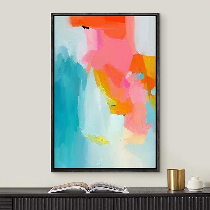 MUDECOR Framed Canvas Print Wall Art Neon Pink Blue Pastel Watercolors Abstract Shape Illustrations Modern Art Decorative Bohemian Colorful Chic for Living Room, Bedroom, Office - 16"x24" Black