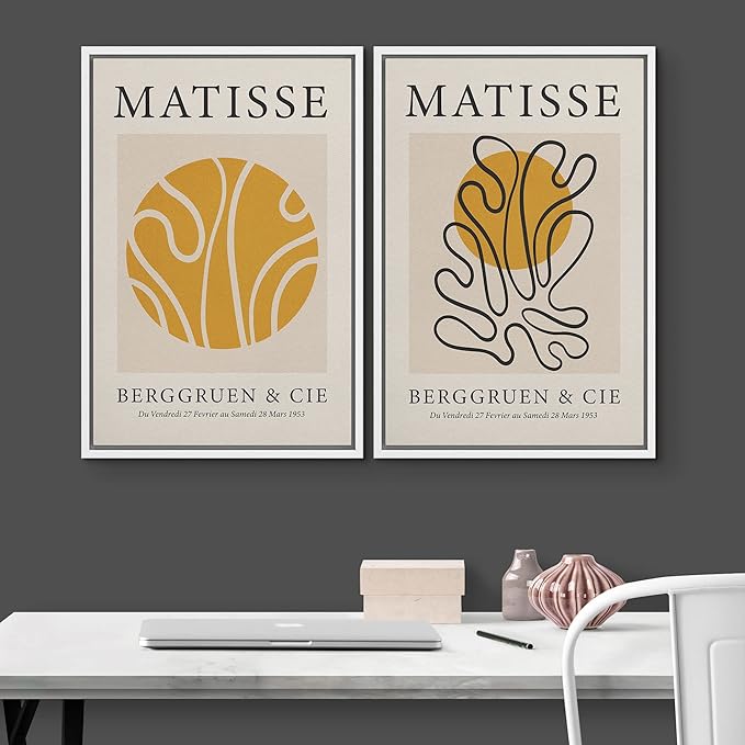 IDEA4WALL Framed Canvas Print Wall Art Set Matisse Yellow Geometric Wave Floral Collage Abstract Shapes Illustrations Modern Art Decorative for Living Room, Bedroom, Office - 24"x36"x2 White