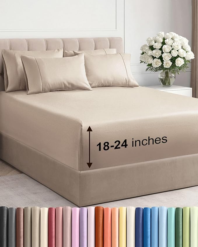 Extra Deep Full Sheet Set - 6 Piece Breathable and Cooling Sheets - Hotel Luxury Bedding for Women, Men, Kids & Teens - Easy & Secure Fit - Soft, Wrinkle Free and Comfy - Extra Deep Pockets - Wheat