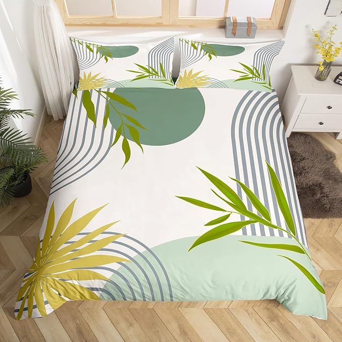 Erosebridal Abstract Modern Comforter Cover Full for Kids Boys Girls,Botanical Minimalist Duvet Cover,Geometric Green Grey Bedding Set,Mid Century Aesthetic Bed Set 3 Pcs Bedroom Decor