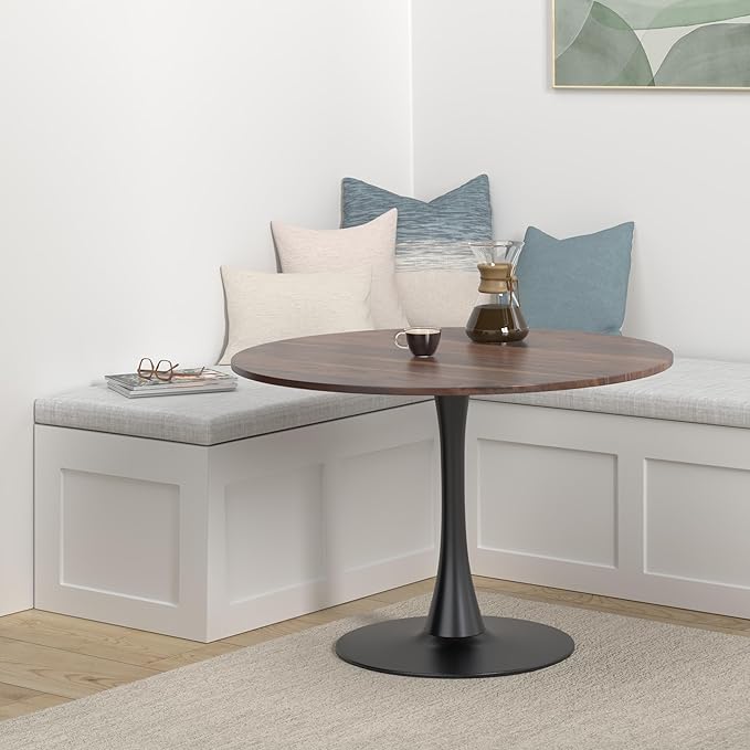 42 Inch Round Dining Table,Mid-Century Tulip Table with Metal Pedestal Base,Modern Leisure Table for Small Space Kitchen Dining Room,Easy Assembly,Walnut and Black