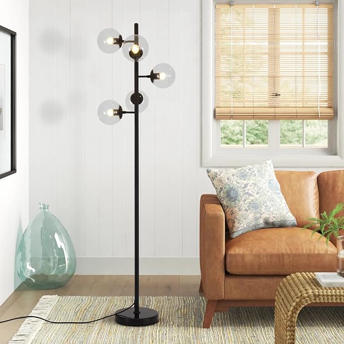 KCO Lighting 5 Light Globe Floor Lamp Black Tall Floor Lamp Mid Century Modern Floor Light Contemporary Standing Lamps for Living Room Bedrooms Office