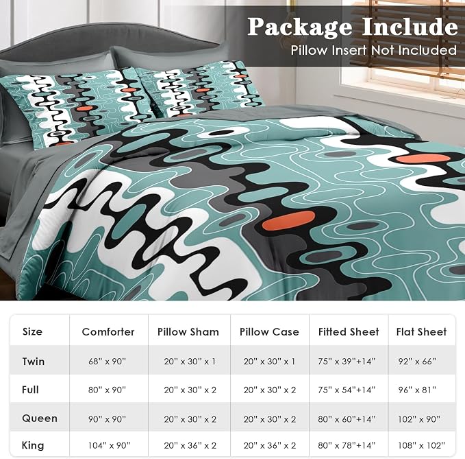 Pamnest Comforter Set Full Size, Mid Century Retro Stripe 7 Pcs Bedding for Kids and Adults, Vintage Geometric Cool Bed Sheet Sets with Fitted Sheet 2 Pillowcases & 2 Shams for Bedroom Bed Decor
