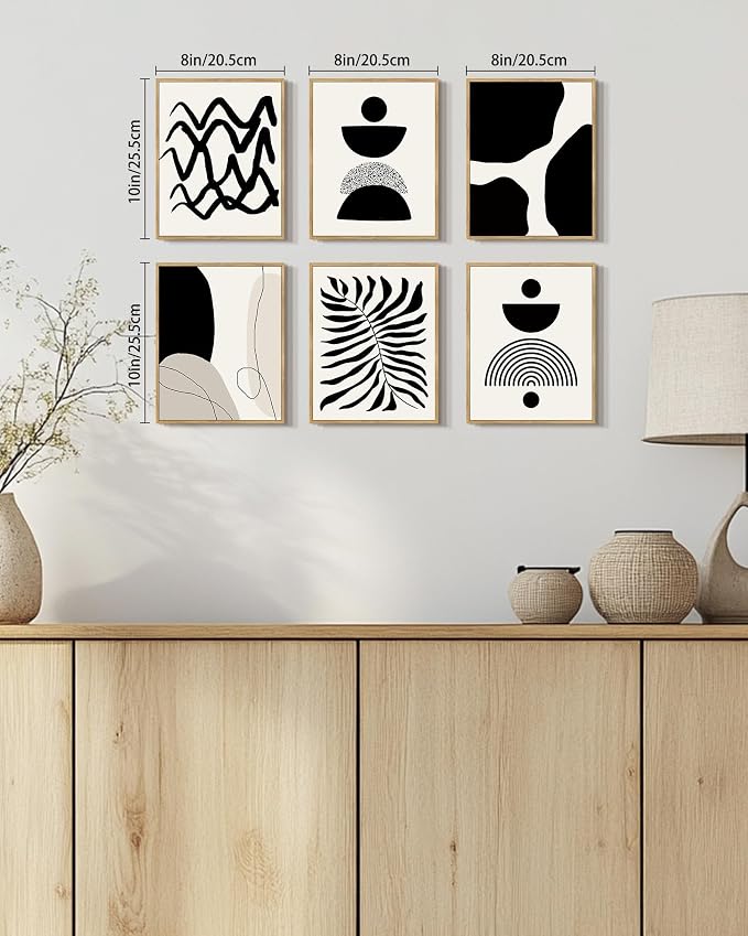 Drsoum Abstract Boho Wall Art Minimalist Geometric Framed Boho Room Decor Black Line Art Mid Century Modern Prints Bohemian Living Room Bedroom Ready to Hang 8x10inx6pcs (Natural Framed)