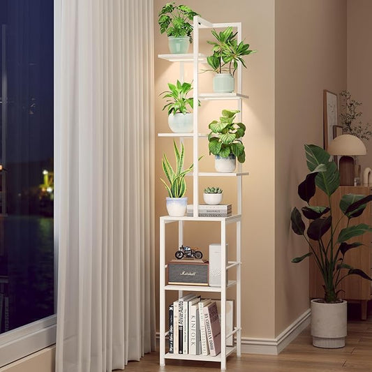 Plant Stand Indoor with Grow Light, 7-Tiered Tall Plant Stand Indoor, Metal Plant Shelf with Bookshelf Bookcase and Adjustable Light, Ideal for Living Room, Reading room, Garden, Patio (white)