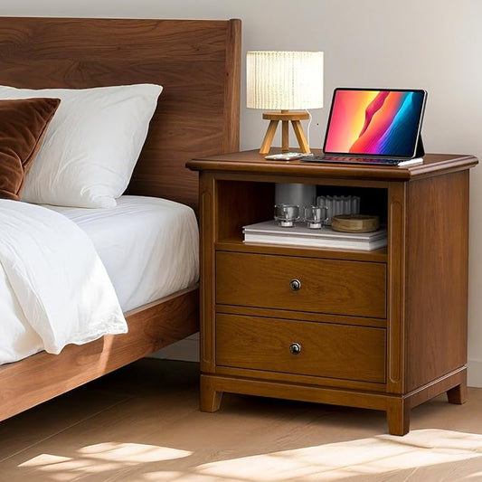 Farmhouse Nightstand with Charging Station, Solid Wood End Table with 2 Large Drawers & Open Shelf, Bedside Table with USB Ports and Outlets, Rustic Wood for Bedroom