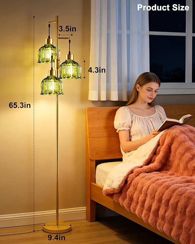 3-Light Modern Glass Floor Lamp, Gold Standing Tall Lamp with Green Vertical Rib Glass Shade for Reading, Dimmable LED Floor Lamp with 5Lbs Heavy Base for Living Room Bedroom Home Decor, Bulb Included