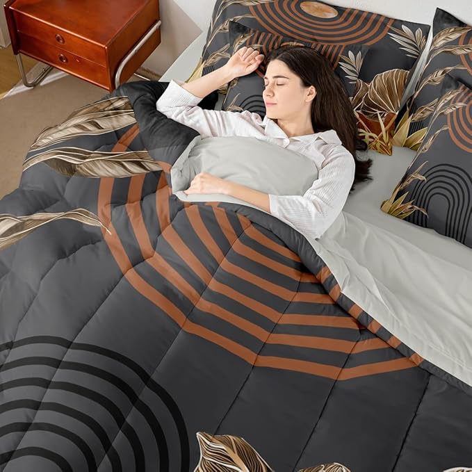 Erosebridal Boho Vintage Bed in A Bag 7 Pcs Mid Century Aesthetic Comforter Set for Kids Teens Retro Tropical Abstract Bedding Sets Queen Minimalist Simple Arch Sun Plant Sheet Set with Comforter