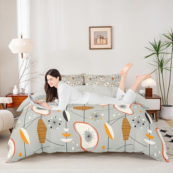 Erosebridal Grey Old Fashion Comforter Cover Abstract Atomic Bed Set, Brown Red White Aestheitc Duvet Cover King Size Boho Mid Century Bedding Sets, Minimalism Lines Bedspread Cover 3 Pieces