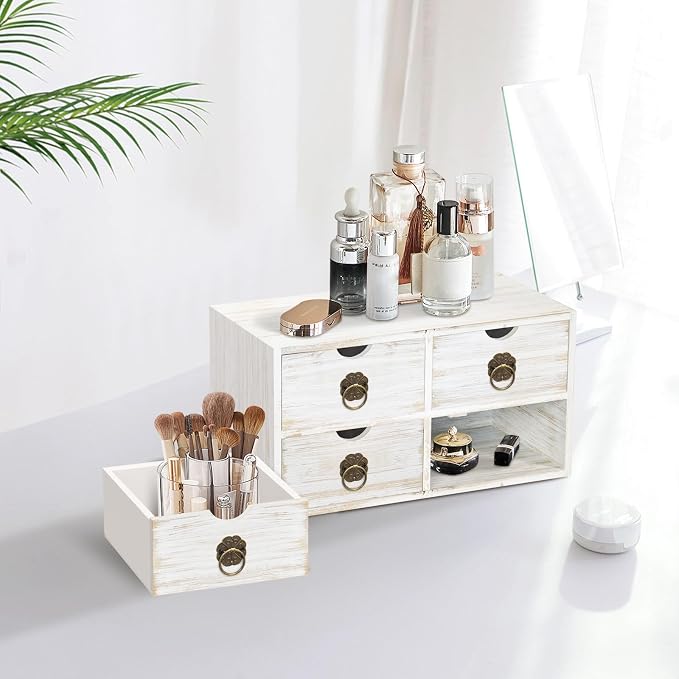 Wood Desk Organizer, White Wooden Desktop Organizer with Drawer, Tabletop Storage Organization Box for Countertop, Home Office Supplies Bills, 13.5x6.6x7.09 Inch(4 Drawer)