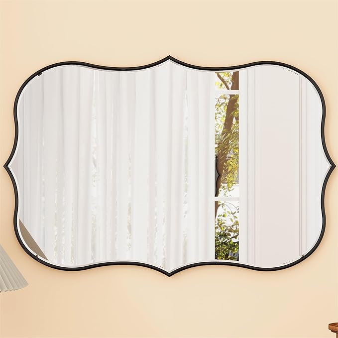 SHYFOY Decorative Wall Mirror Asymmetrical Mirrors for Wall Decor, Black Irregular Mirror for Living Room Decor, Modern Large Mirror Abstract Clound Shape, 24"x35", Scalloped Wood Frame