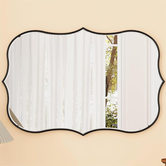 SHYFOY Decorative Wall Mirror Asymmetrical Mirrors for Wall Decor, Black Irregular Mirror for Living Room Decor, Modern Large Mirror Abstract Clound Shape, 24"x35", Scalloped Wood Frame