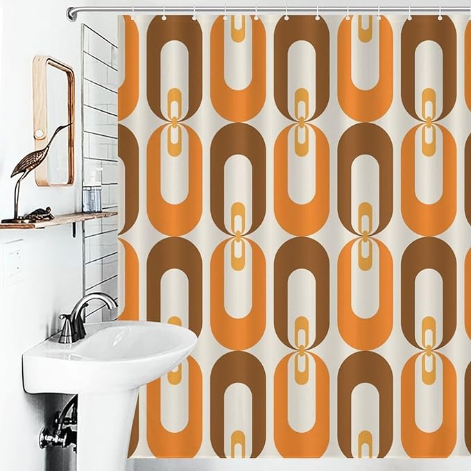 Mid Century 70s Pattern Shower Curtains Vintage Geometric Orange Thermal Insulated Washable Waterproof Fabric for Bathroom Decor Bathtub with 12 Hooks 55x72in（140x183cm）