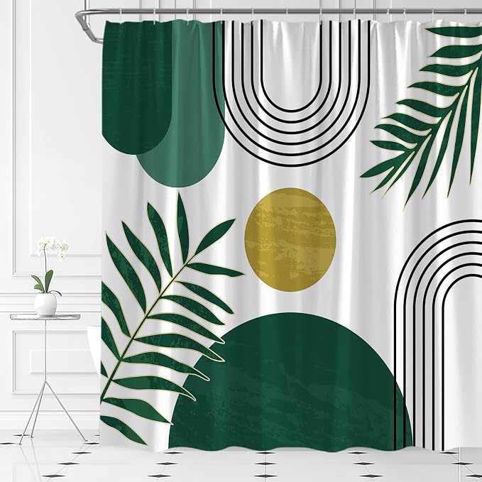 Mid Century Modern Shower Curtain Boho Green Abstract Retro Aesthetic Fabric for Bathroom Decor Bathtub with Hooks (70" WX70 H)