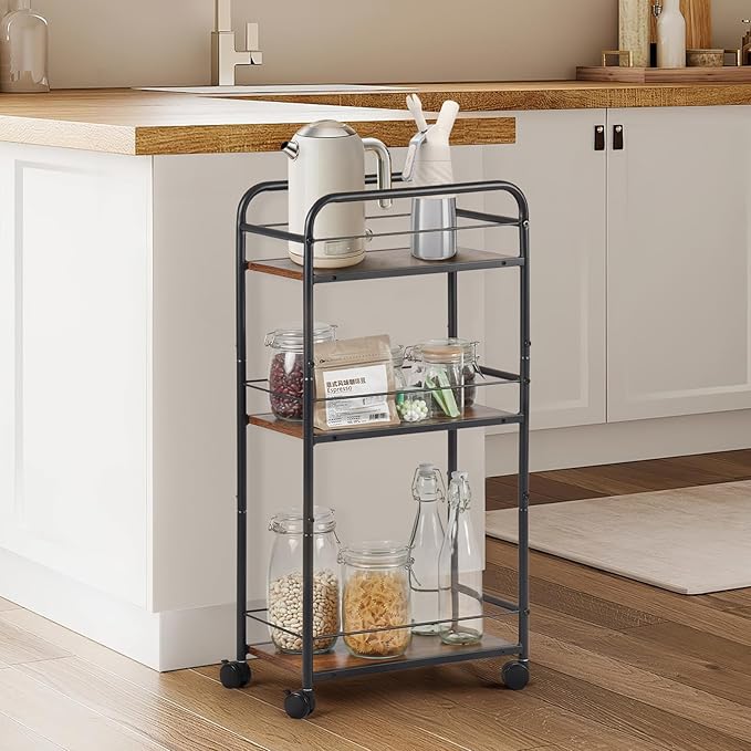 Small Bar Cart for Small Spaces, 3-Tier Slim Rolling Kitchen Cart on Wheels, Narrow Cart with Protective Fence, Industrial Mini Coffee Station for Home,Living Room,Bathroom, Rustic Brown