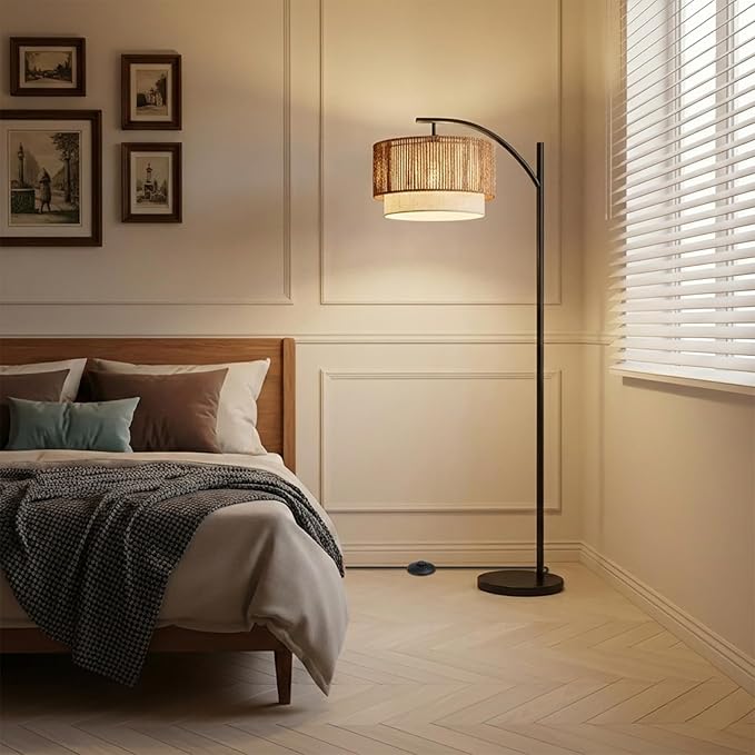 TJOY Floor Lamp for Living Room with 12W LED Bulb, Arc Floor Lamp, 3 Color Temperatures Standing Floor Lamp with Boho Rattan & Fabric Shades for Living Room, Bedroom, Farmhouse, Corner
