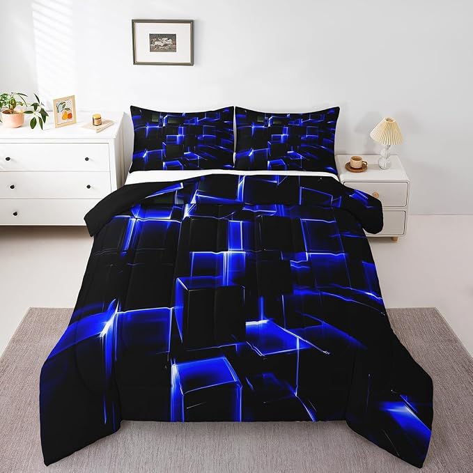 Erosebridal Abstract Comforter Set, Modern Geometric Grid Square Twin Bedding Sets, Blue Black Honeycomb Duvet Insert Soft Microfiber Polyester Bed Set for Kids Boys Bedroom