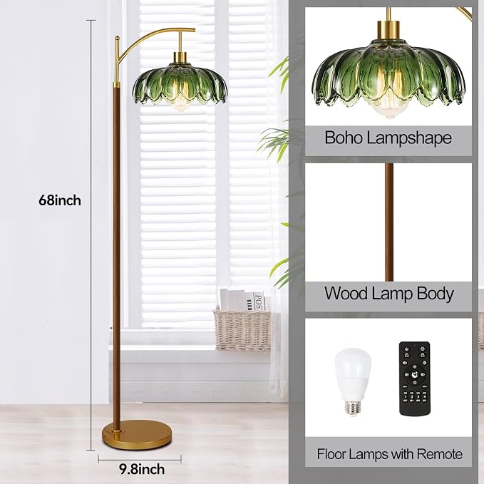 ILLMTW Wood Floor Lamp for Living Room,Bedroom,Glass Mid Century Modern Standing Lamp with Remote Dimmable,Vintage Gold Arc Tall Lamp Green Flower Lamp Shade Floor Lights Boho Bohemian Tiffany Style