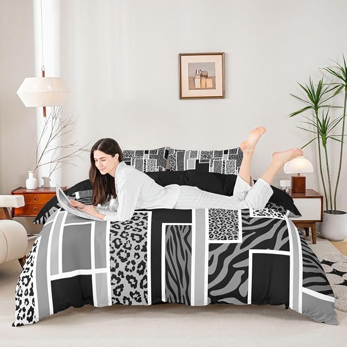 Erosebridal Leopard Print Duvet Cover Full Cheetah Zebra Skin Print Bedding Set Black Grey Animals Fur Rustic Comforter Cover for Kids Teen Adults,Geometric Square Patchwork Bed Set