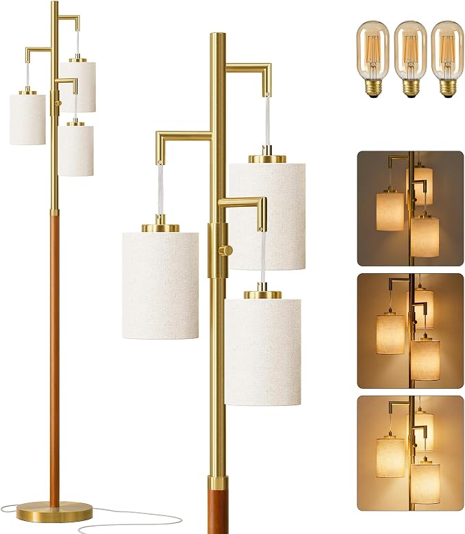 G-SAFAVA 70" Wood Floor Lamp Dimmable Floor Lamps for Living Room Bedroom Mid Century Modern Floor Lamp Gold Standing Lamp Tall Lamps for Office Nursery Reading Elegant Stand Up Lamp, 3 Bulbs Included