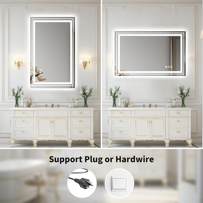 WTTY 48x30 LED Bathroom Mirror with Lights, Front and Backlit Lighted Bathroom Vanity Mirrors for Wall, Dimmable Wall Mirrors for Bathroom, Anti-Fog, Memory, Shatter-Proof, Double LED Vanity Mirror