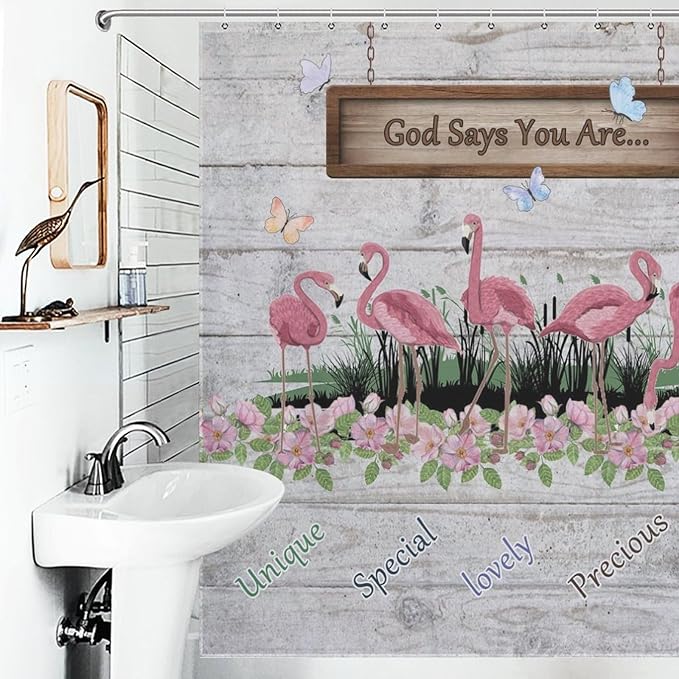 Flamingo Shower Curtain,Summer Beach Tropical Leaves Butterflys Floral with Inspirational Quotes Waterproof Shower Curtains for Bathroom Decor 12 Pack Hooks 72x72in (183x183cm)