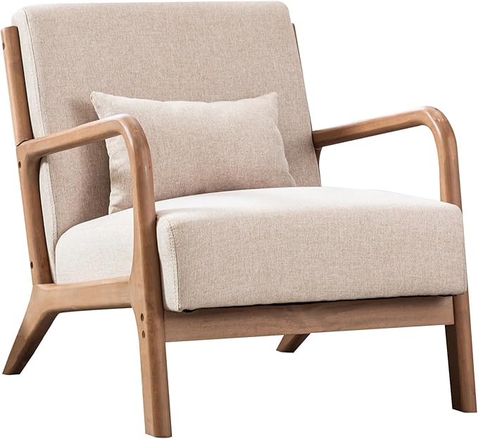 ANJ Mid Century Modern Accent Chair, Comfy Fabric Living Room Chairs with Solid Wood Frame, Lounge Reading Armchair, Easy Assembly, Beige
