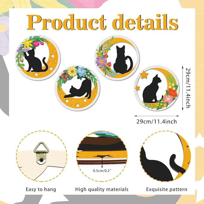TOARTi 4PCS Boho Cat Moon Wall Decor,Colorful Floral Cats Wooden Wall Art,Black Cats Flower Hanging Sign,Farmhouse Minimalist Geometric Botanical Kitten Artwork for Bedroom Home,Cat Lovers Gifts