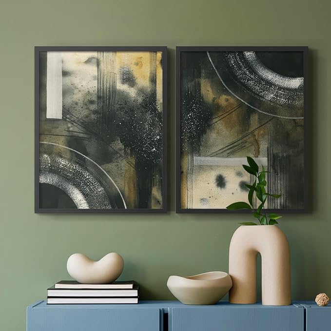 Renditions Gallery Set of 2 Peel & Stick Framed Prints, Moody Abstract Wall Art, Circular and Splattered Effects Wall Decor, Re-Stickable - Ready to Hang - 8"x10" - Black Frame LT588
