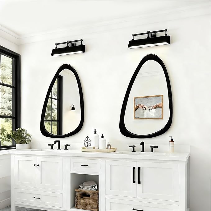 Asymmetrical Mirror, 30"x20" Unique Irregular Wall Mirror, Wood Mid Century Modern Mirror Decor for Bathroom Bedroom Living Room Entryway Hallway (Black)