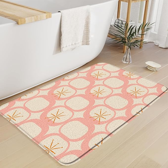 Mid Century Modern Bath Mat Abstract Atomic Geometric Retro 1950s Pink Bathroom Kitchen Toilet Rugs,24x60 Inch