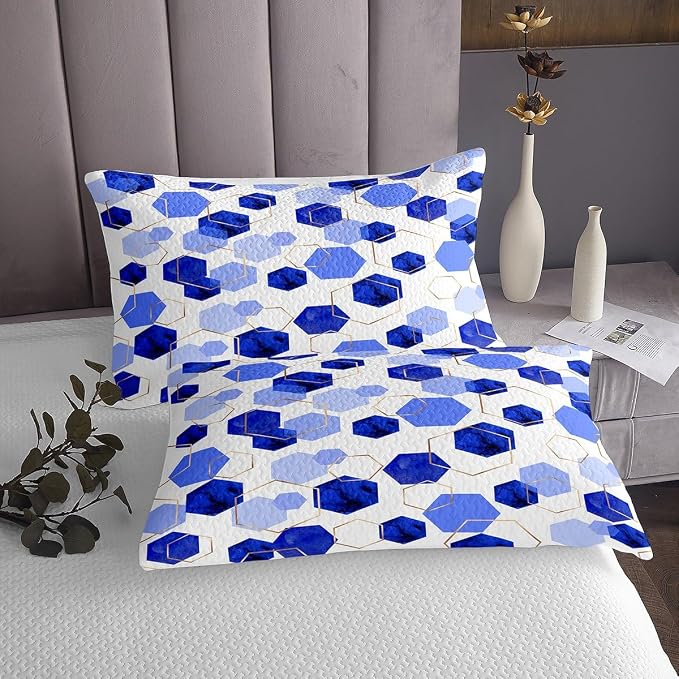 Erosebridal Blue Geometric Coverlet Set | Royal Blue Modern Abstract Kids Quilt Set Geometric Marble Art Bedspread Sets King | Watercolor Hexagon Aesthetic Bedding Sets for Men Women