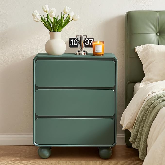 AVZEAR Set of 2 Modern3 Drawer Dresser for Bedroom, Curved Wooden Dresser Chest of Drawers, 3 Drawer Nightstand Closet Clothes Storage Organizer for Kids Bedroom, Living Room, Nursery, Green