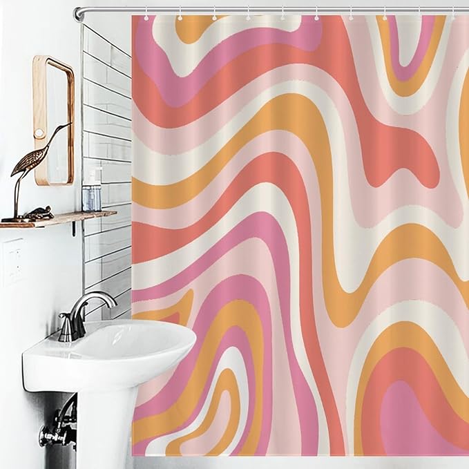 Hippie Shower Curtain for Bathroom, Retro Groovy 70s Pink Wave Abstract Swirl Funky Trippy Vintage Boho Aesthetic Waterproof Fabric Shower Curtain Set with Hooks, 72"x72"